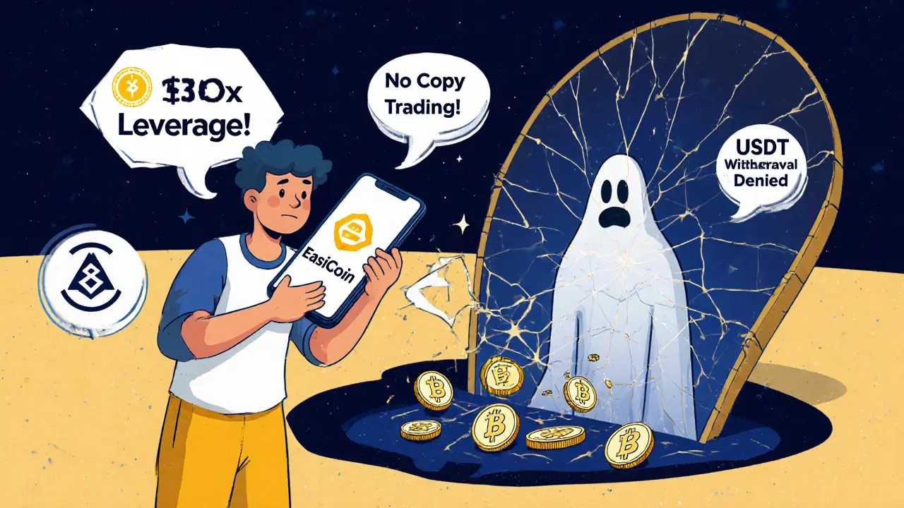 A beginner trader losing crypto coins into a void labeled &#039;Withdrawal Denied&#039; while fake promises float around them.