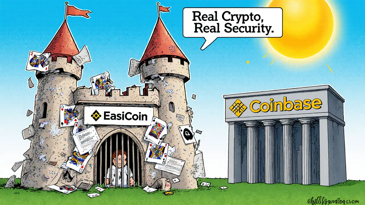 A crumbling digital castle of fraud with trapped users, contrasted with solid, legitimate exchanges under sunlight.