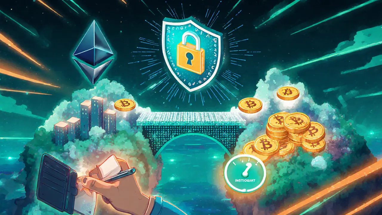 Atomic swap bridge moving tokens between two blockchains with security shield.