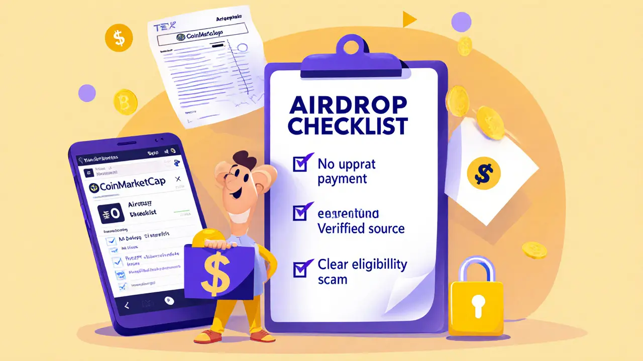 Cartoon character holding a checklist on safe airdrops with tax form and CoinMarketCap icon.