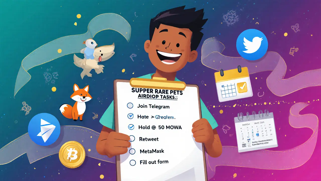 Cartoon checklist showing Telegram, MOWA holding, retweet, and form steps for the airdrop.