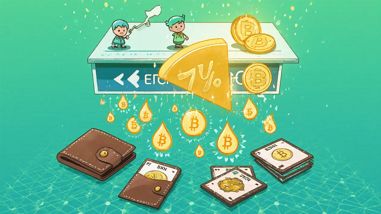 Cartoon diagram of token trades generating BNB droplets that fill holders&#039; wallets.