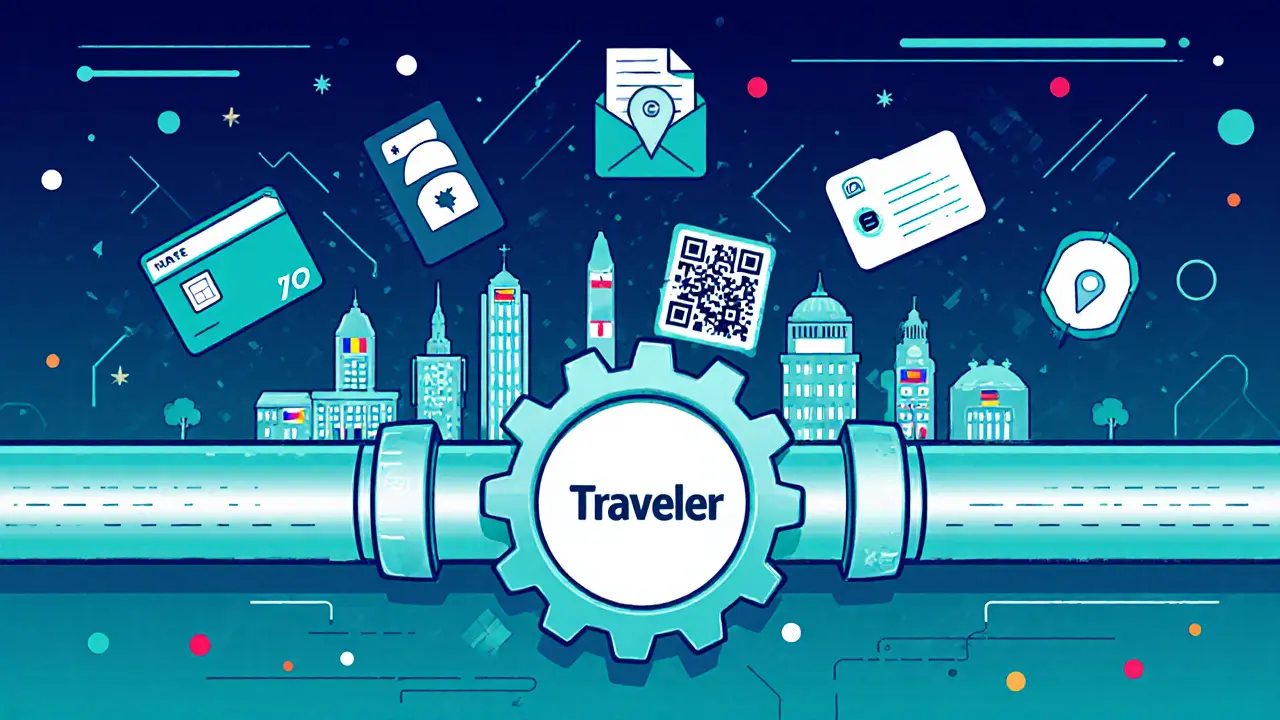 Cartoon editorial illustration of a crypto transfer passing through six data icons to multiple FIU buildings via a middleware pipeline.