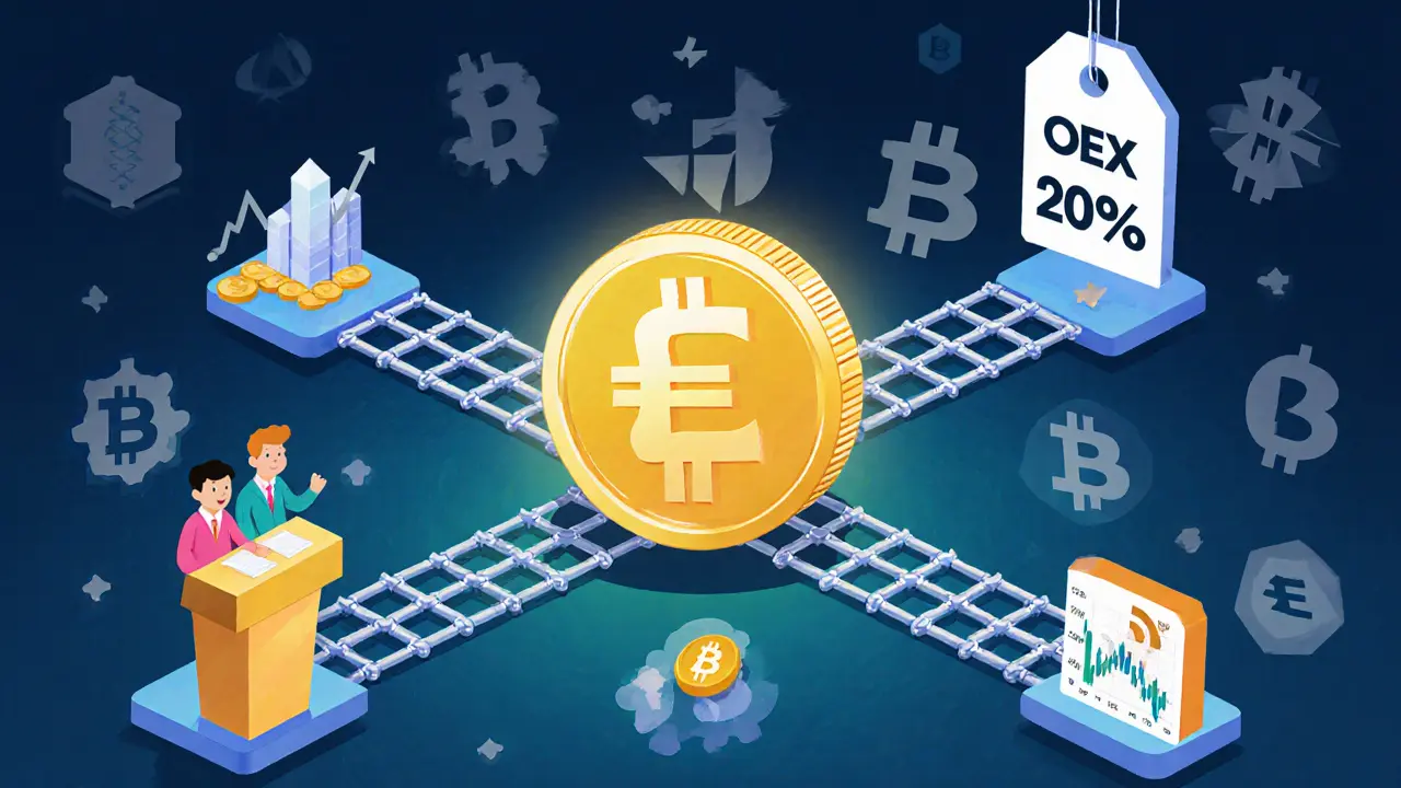 Cartoon editorial illustration of the OEX token with cross‑chain bridges, governance voting, and fee‑discount icons.