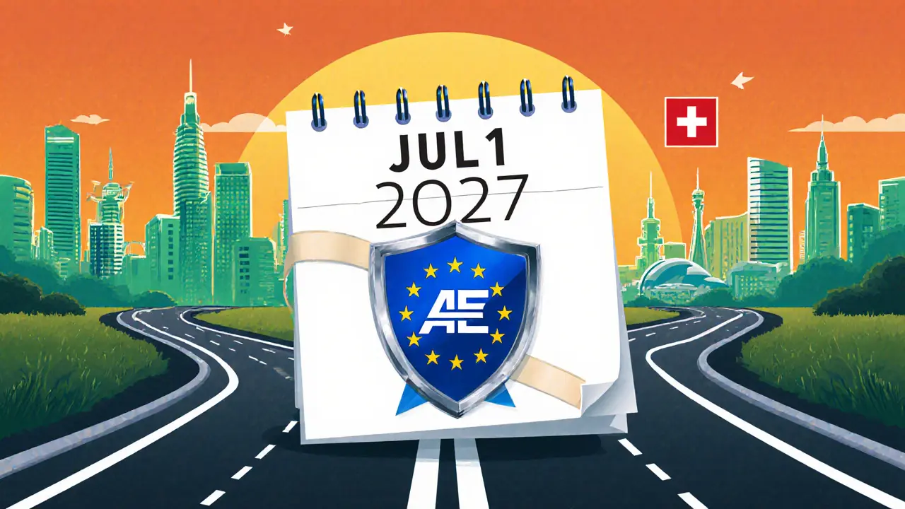 Cartoon editorial illustration showing a 2027 AML shield protecting a crypto hub while a road splits toward the EU and other regions.