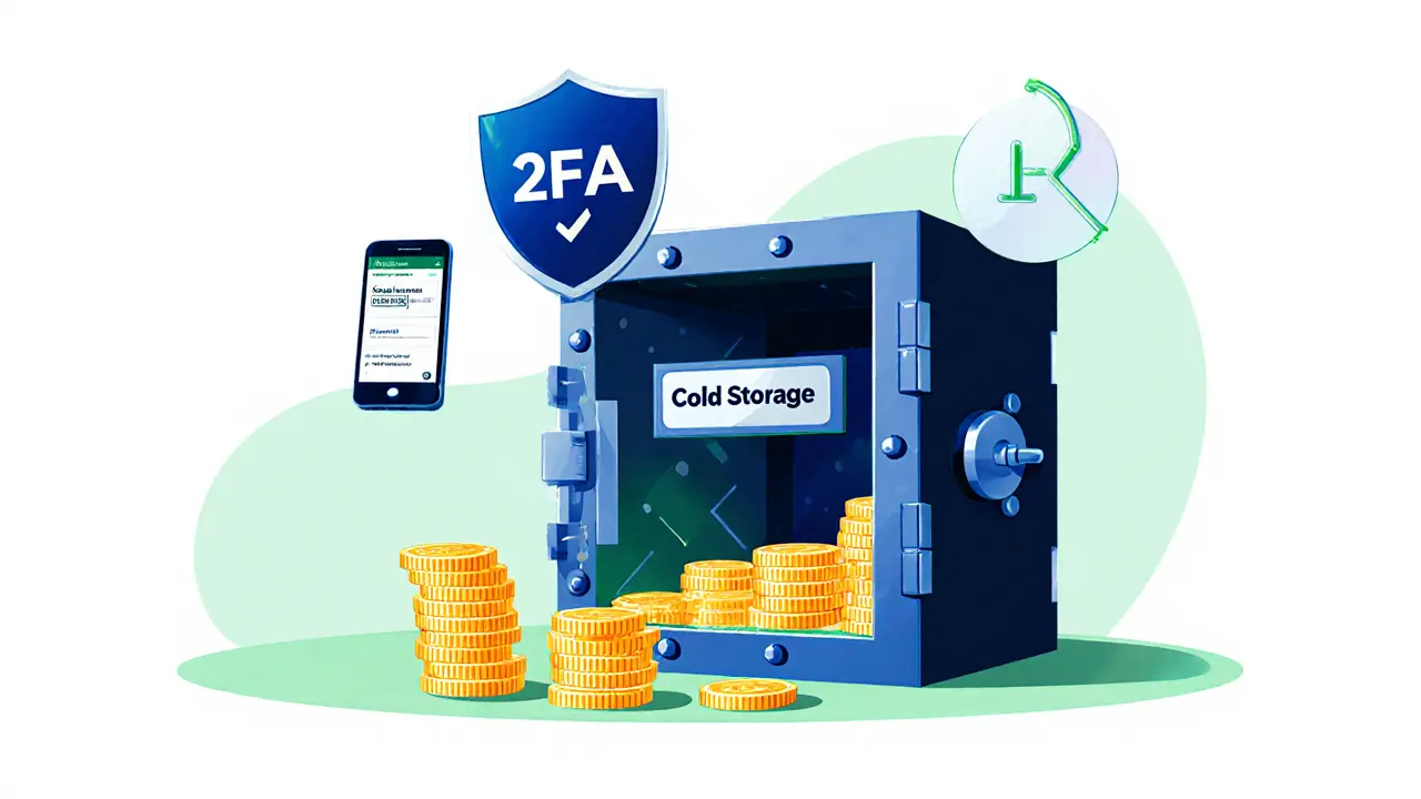 Cartoon editorial scene of a secure vault, shield, and 2FA symbols representing OEX’s security features.
