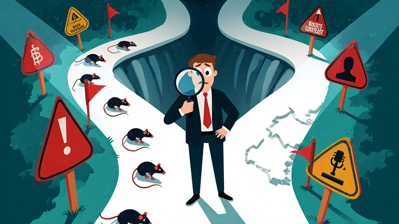 Cartoon investor facing risky paths with red flags and a sinkhole representing token risks.