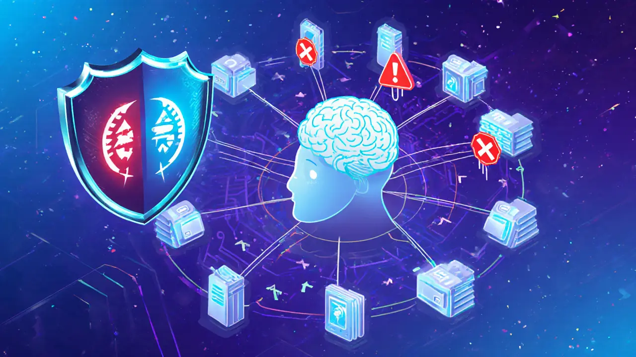 Cartoon showing AI monitoring crypto transactions, flagging suspicious patterns across a network of wallets.