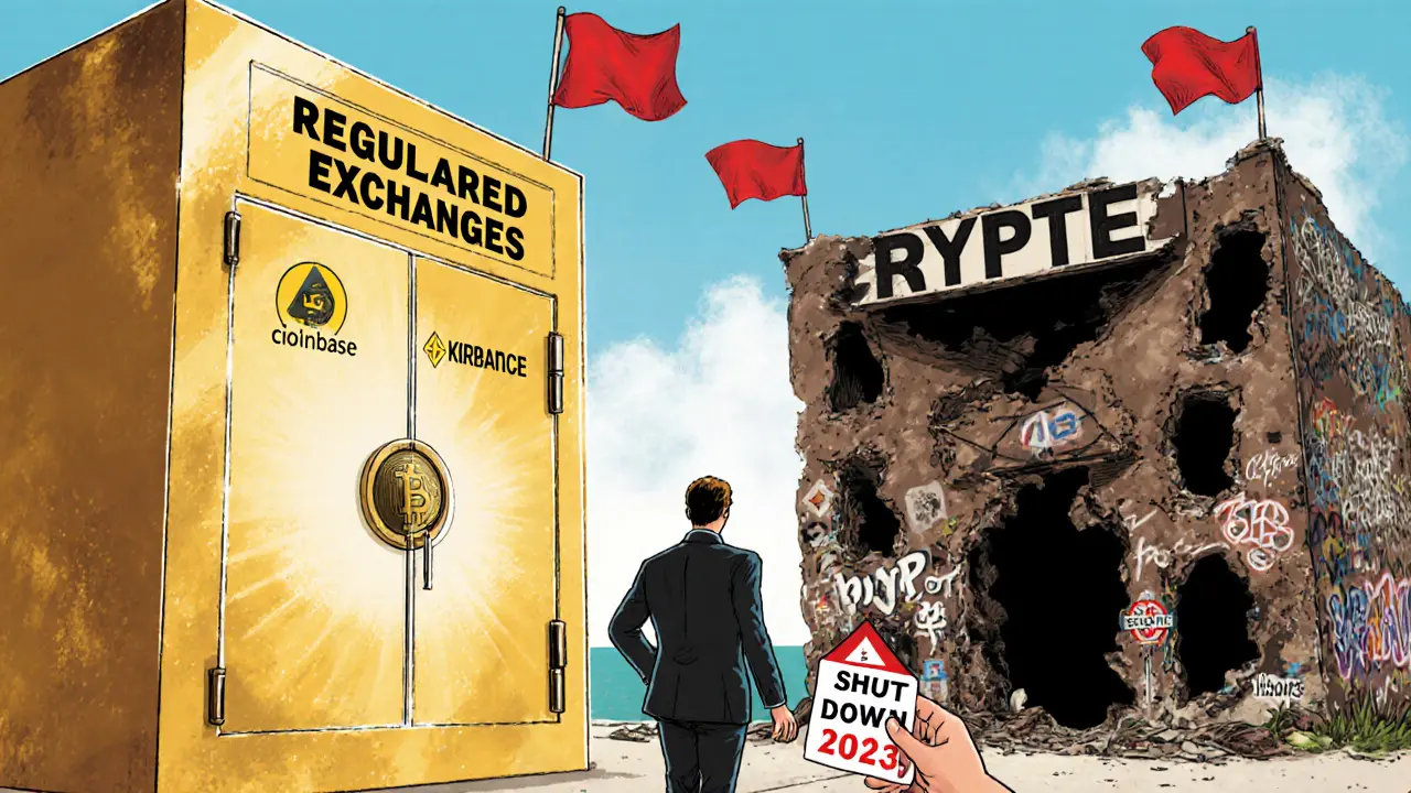 Crumbling Cryptex building beside a glowing vault of regulated exchange logos.