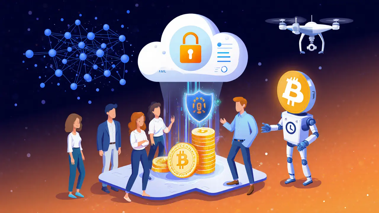 Editorial cartoon of future crypto AML with smart contracts, privacy coins, and a compliance team using AI to freeze illicit funds.