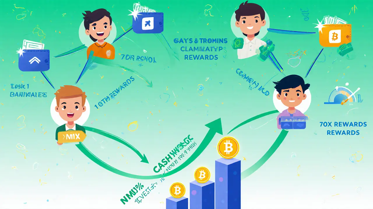 Editorial illustration of a binary referral tree with avatars, arrows for rewards, and a NMX cashback ladder.