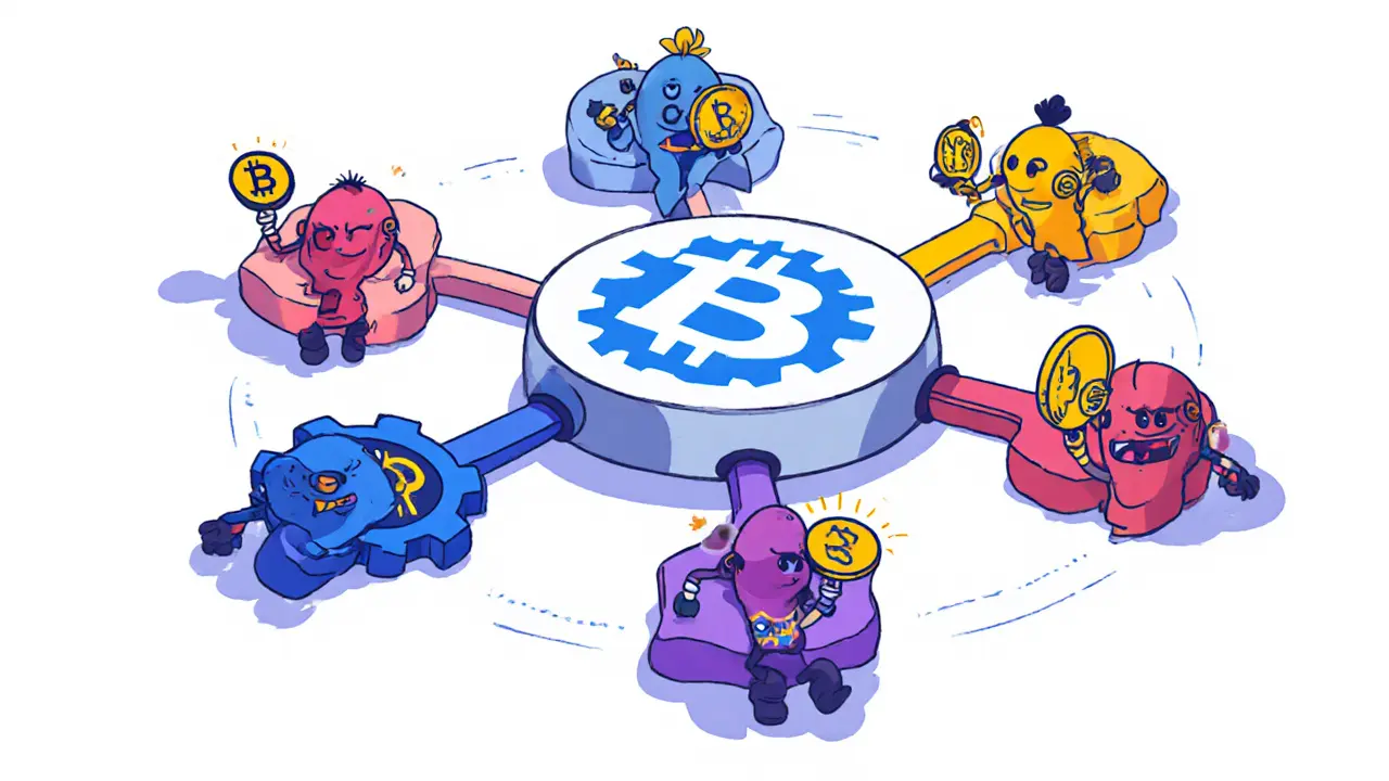 Five pillar characters orbit a central blockchain logo, each holding a relevant prop.