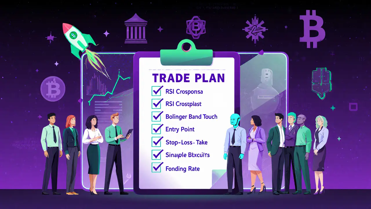 Futuristic cartoon of a trading team reviewing a trade plan with AI holograms and a checklist.