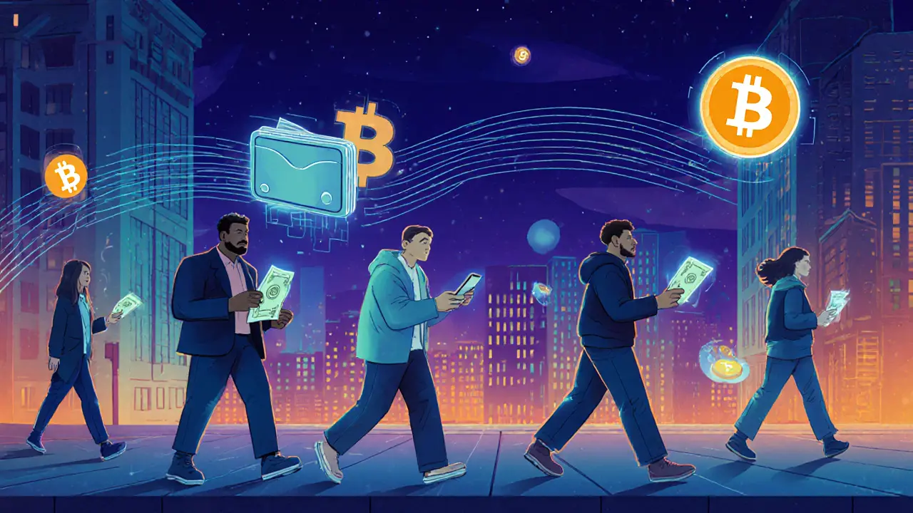 Futuristic city with people using cash, digital wallets, and floating crypto symbols.