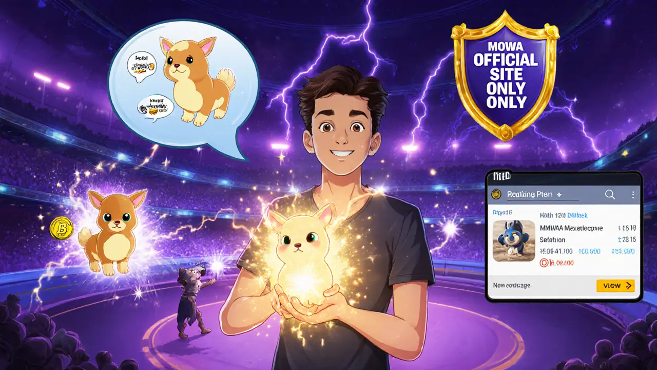 Illustration of a newly claimed NFT pet with stats, breeding, arena battle, and scam warning.