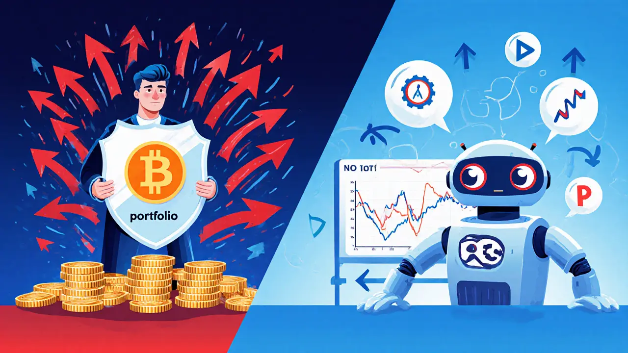 Illustration of a trader shielding Bitcoin holdings while a robot monitors RSI and Bollinger charts.