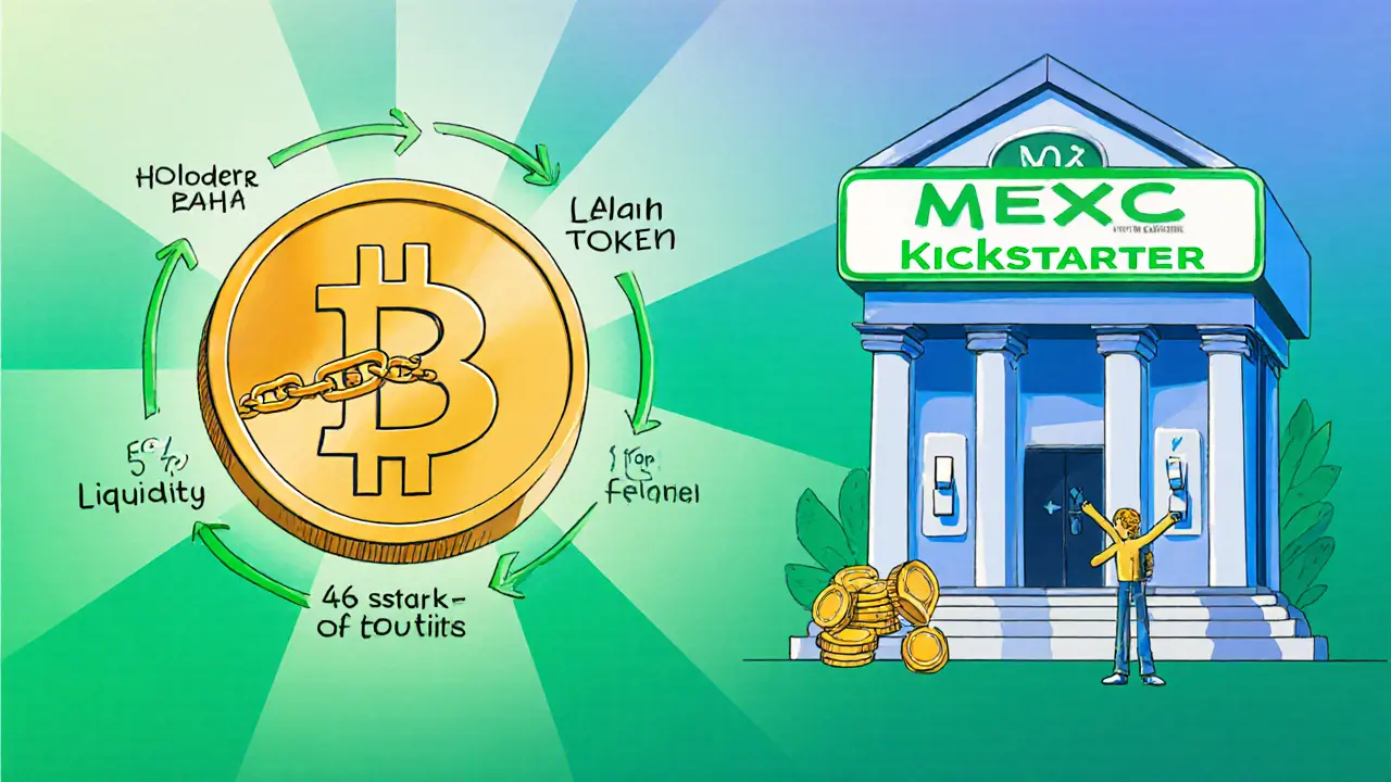 Illustration of BALA token fee split and MEXC Kickstarter airdrop process.
