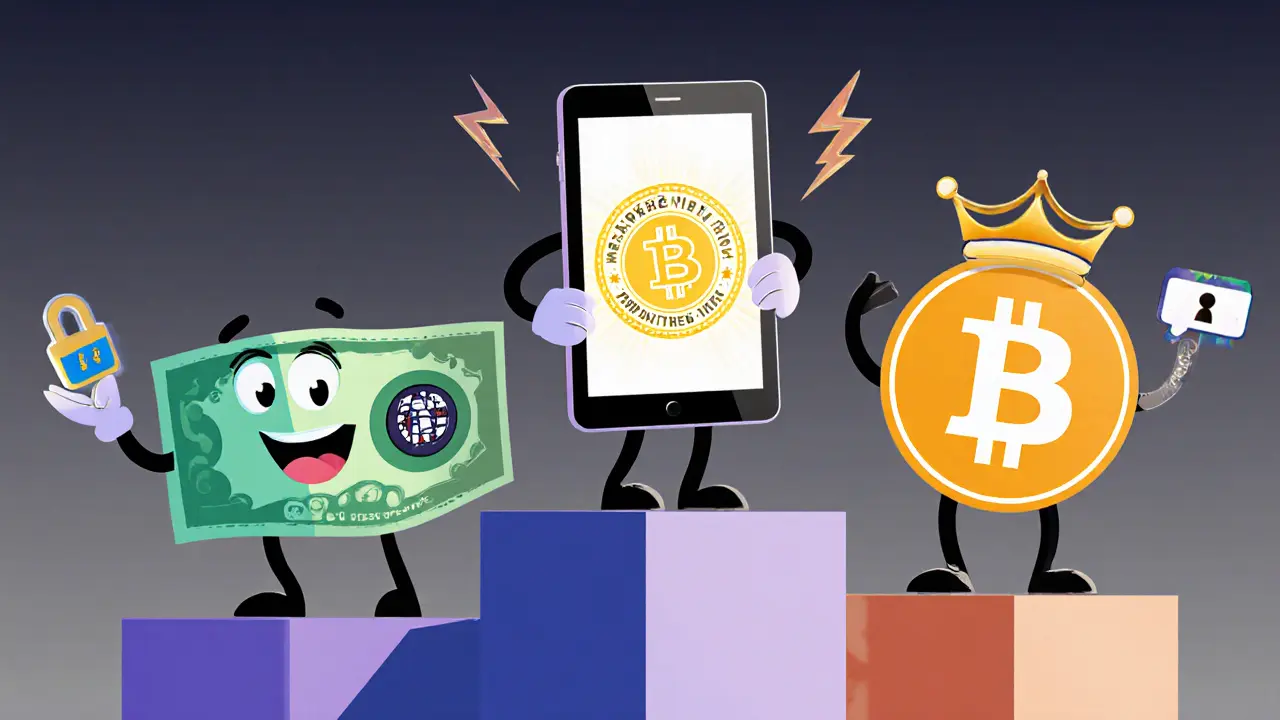 Illustration of three characters representing cash, CBDC, and cryptocurrency side by side.