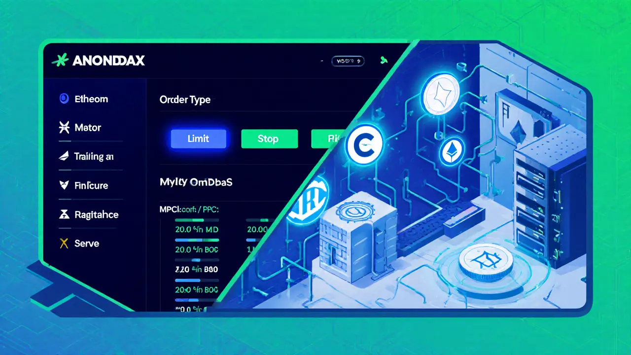 Illustration showing ANONDAX trading interface with advanced orders and a secure vault with MPC tech.