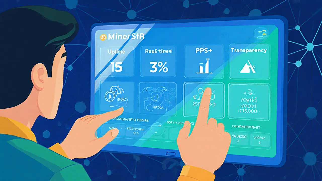 Miner analyzing transparent dashboard with real-time mining statistics