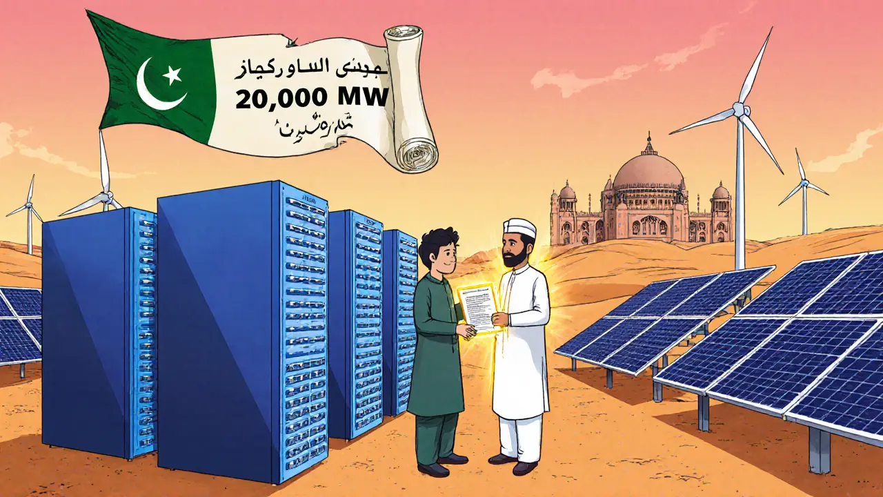 Mining farm in the Thar Desert with solar panels, government contract, and draft law scroll.