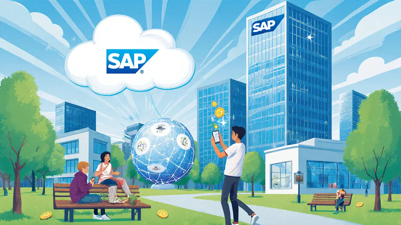 Park scene with people installing AirGradient monitors and sending data to SAP Datasphere.