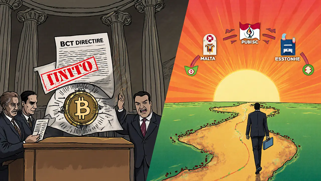 Parliament on left, sunrise over map with arrows to Malta and Estonia, entrepreneur walking toward hopeful horizon.