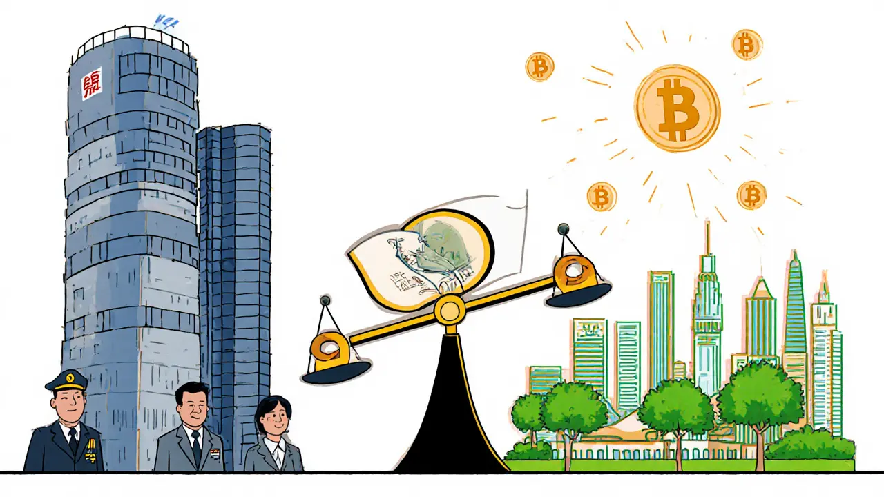 Scale balancing a state digital currency tower against a bright crypto‑friendly city skyline.