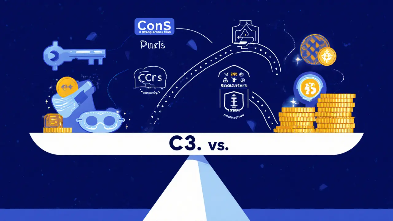 Scale comparing C3&#039;s features to Binance and Coinbase with pros and cons icons.