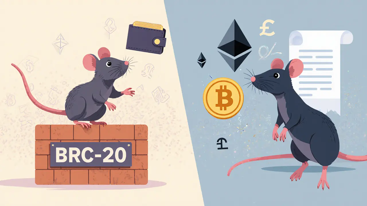 Side‑by‑side cartoon comparison of Bitcoin BRC‑20 and Ethereum ERC‑20 Ratscoin features.