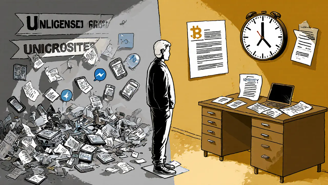 Split scene: chaotic unlicensed crypto use vs. calm legal exchange use, with a person standing at a crossroads.