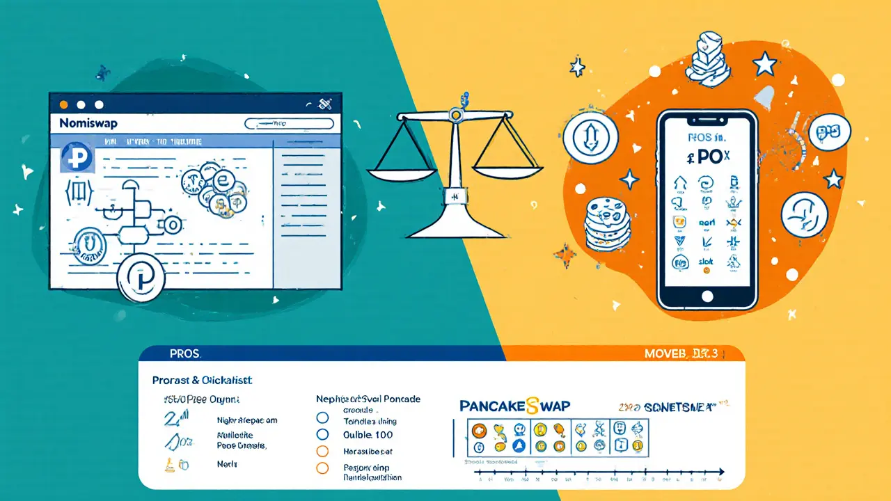 Split‑screen cartoon comparison of Nomiswap and PancakeSwap with pros, cons, and future roadmap.