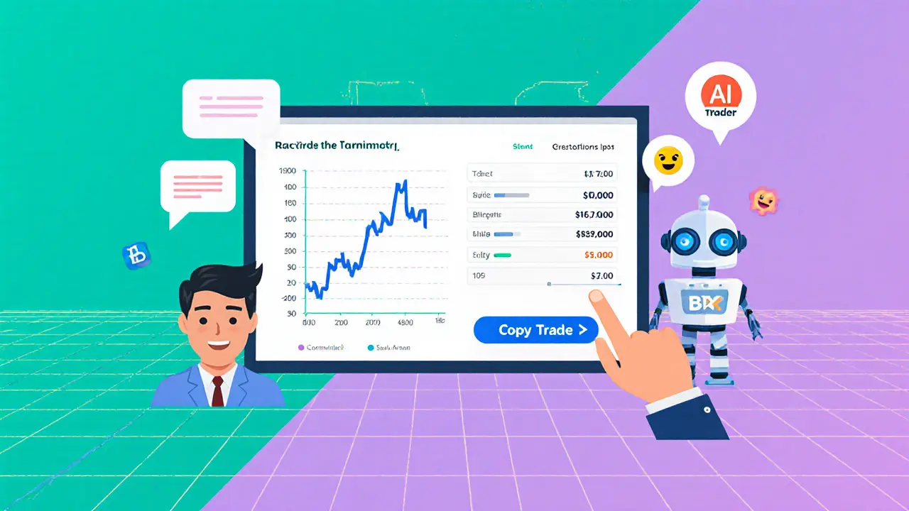Split-screen view of a trader&#039;s chart and a user copying the trade, with chat bubbles and AI icons.