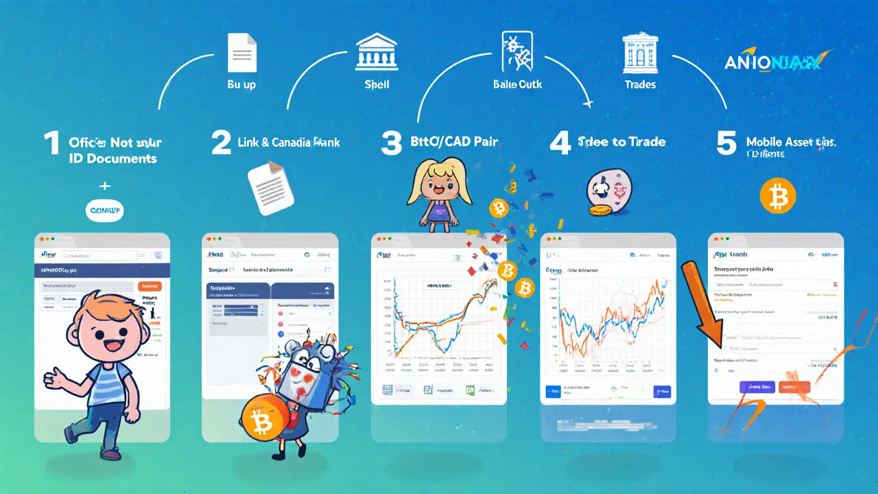 Step‑by‑step cartoon guide of signing up, verifying ID, depositing CAD, and trading on ANONDAX.