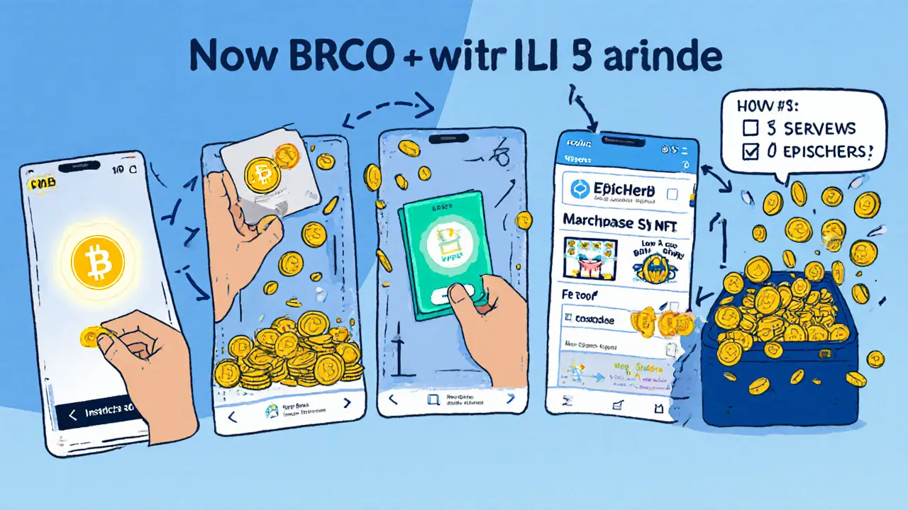 Step‑by‑step illustration of buying BNB, swapping for EPICHERO, acquiring an NFT and receiving BNB rewards.