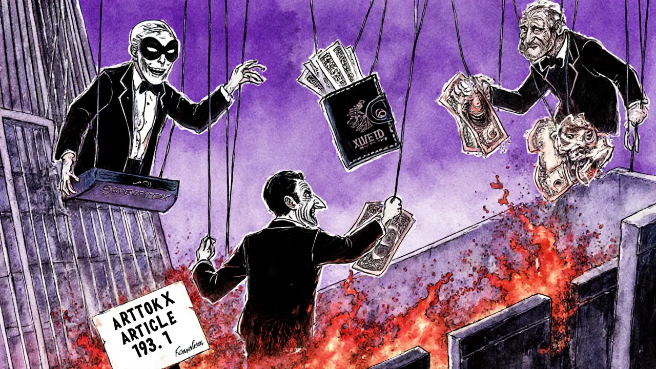 Three masked crypto exchange operators puppeteering Russian users toward a legal abyss labeled Article 193.1.