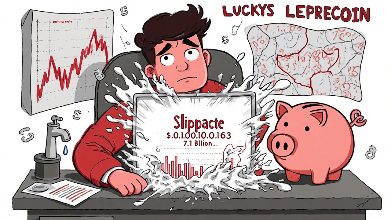 Trader overwhelmed by a large slippage wave over a tiny Uniswap screen showing LuckysLeprecoin price.