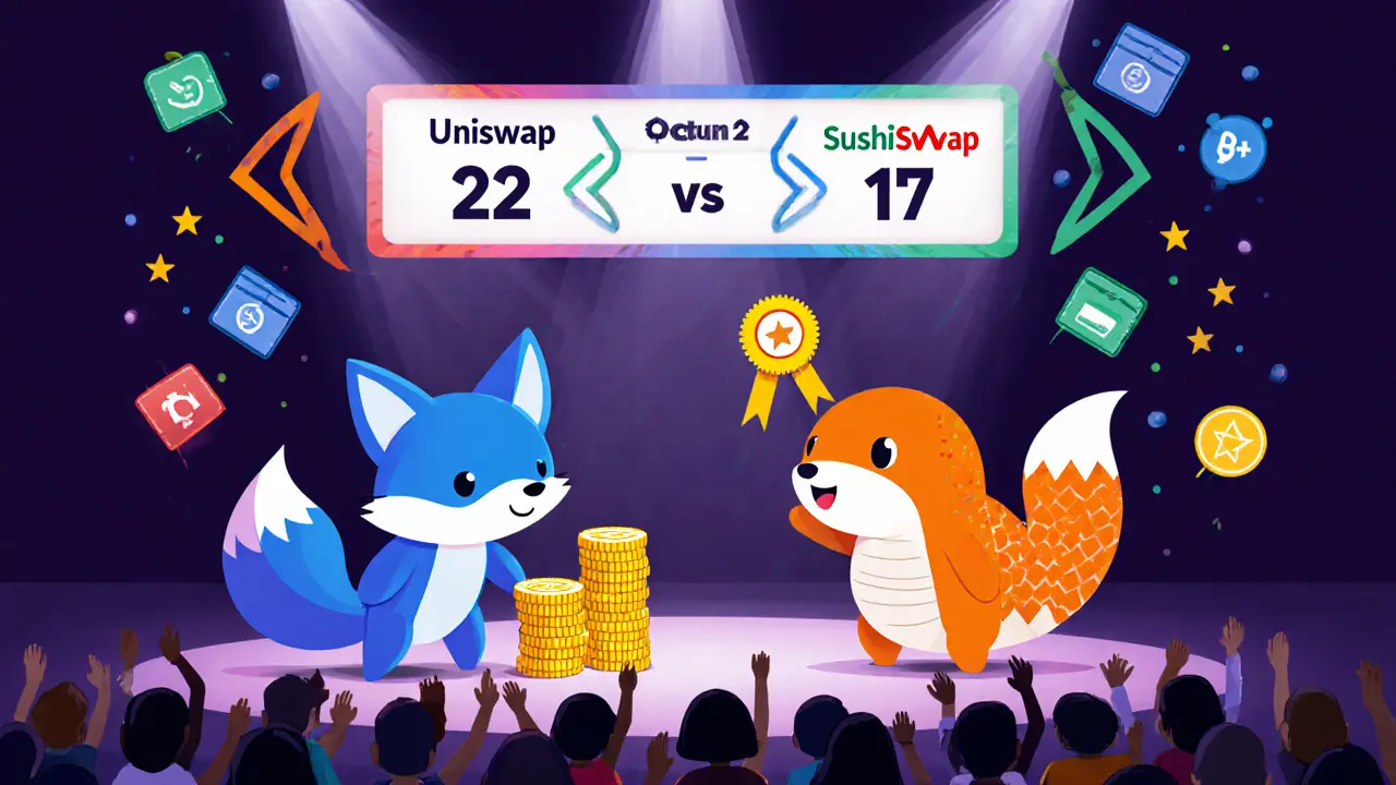 Uniswap fox and SushiSwap koi face off on a scoreboard with their scores displayed.