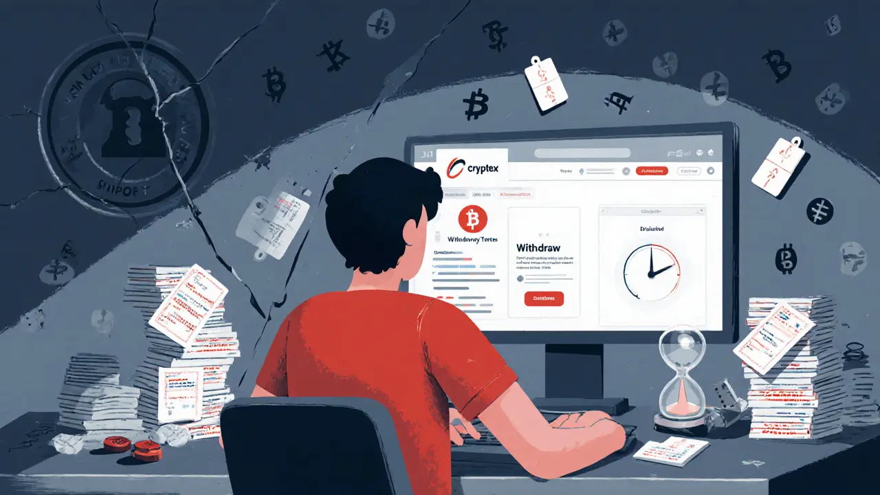 User at a desk with a frozen Cryptex withdraw button and stacked support tickets.