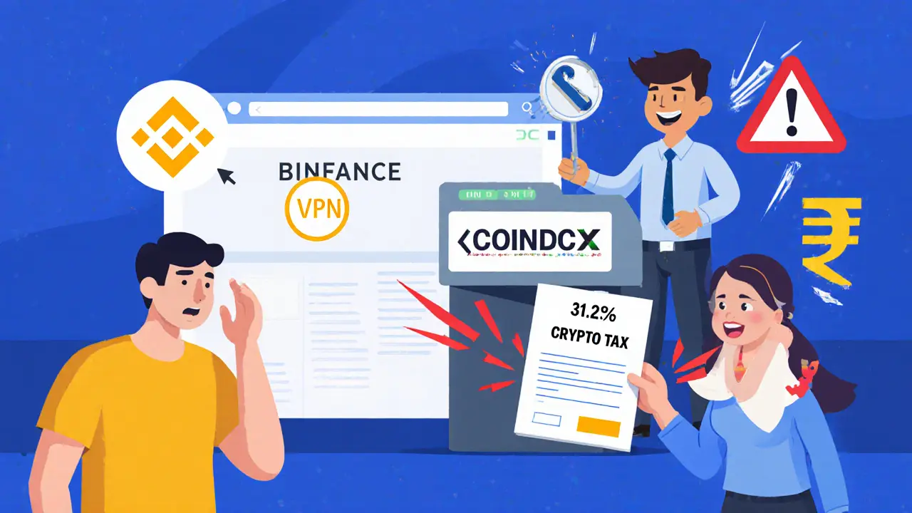 User attempting to access banned exchange via VPN, while compliant Indian platform and tax form are offered safely.