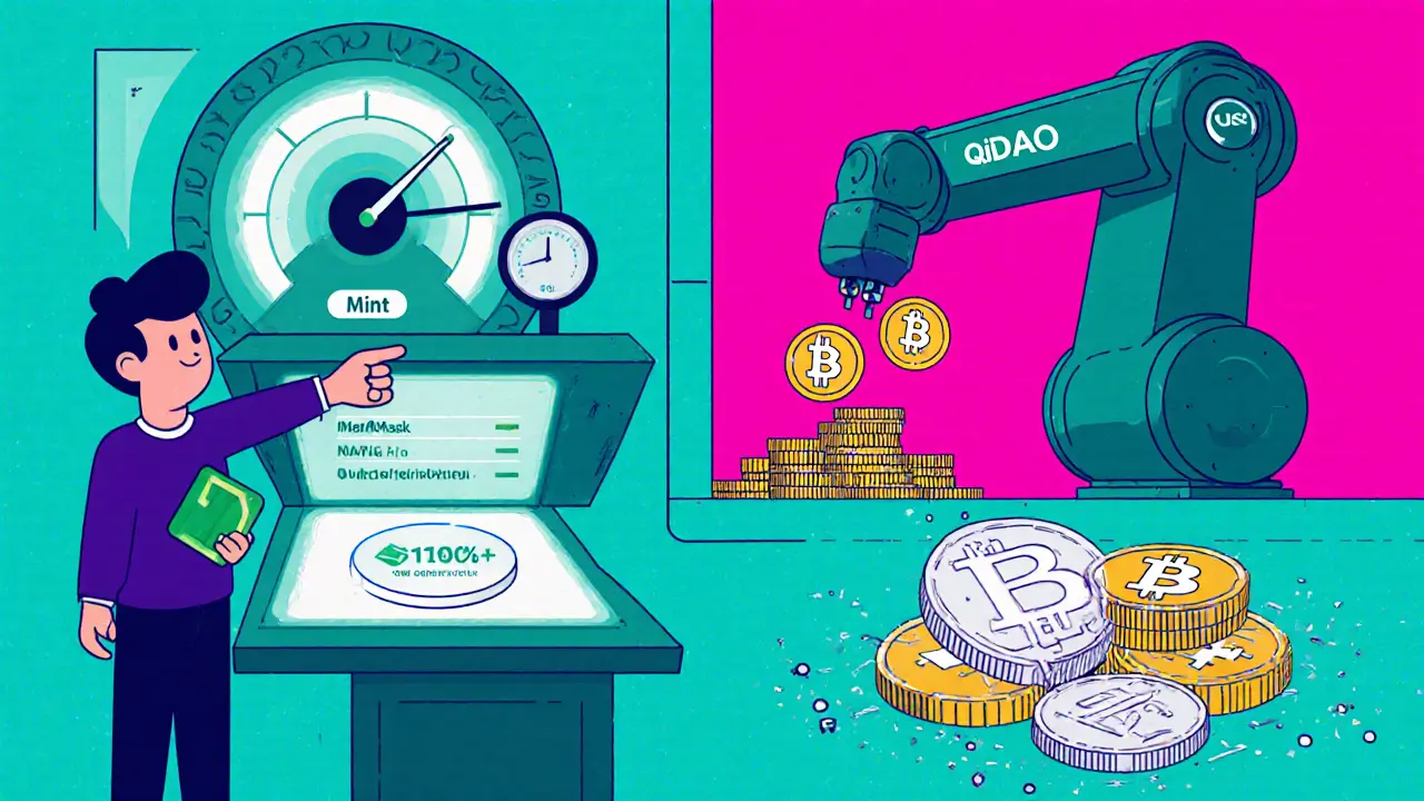 User minting MAI on Polygon with collateral vault and smart‑contract console.