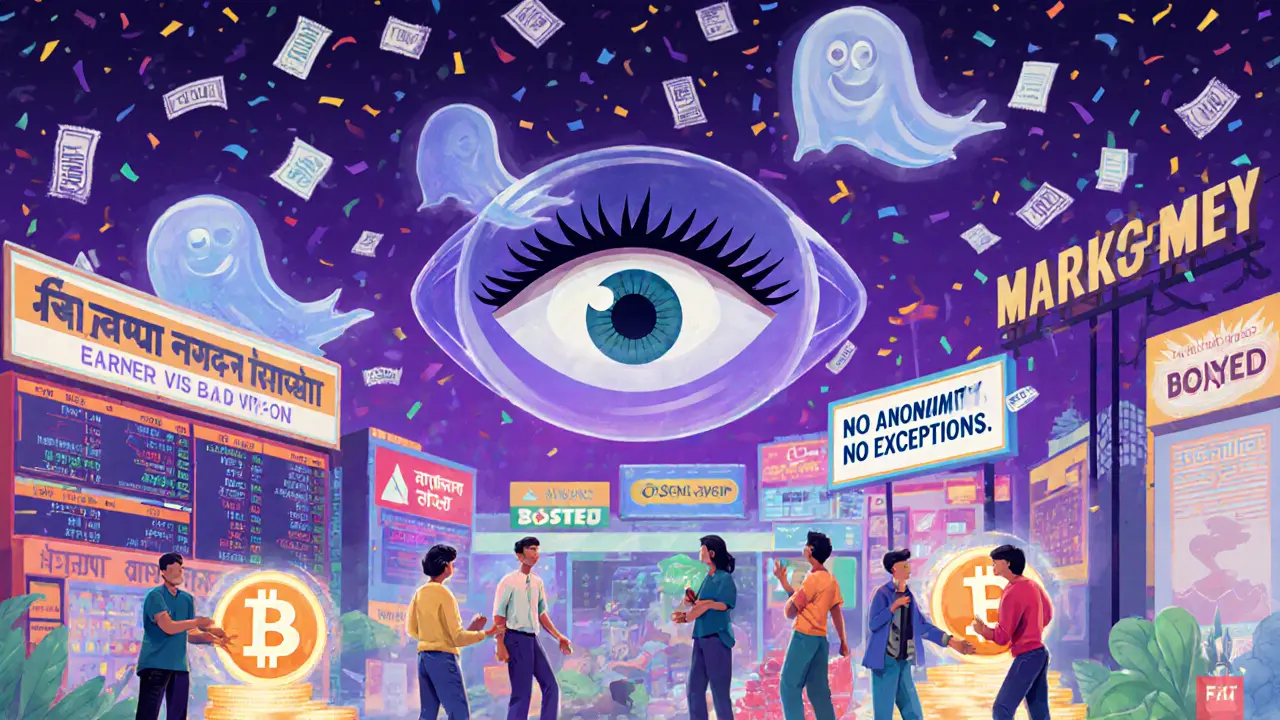 Vibrant Indian crypto marketplace with compliant exchanges active, while faded ghosts of banned platforms fade away.