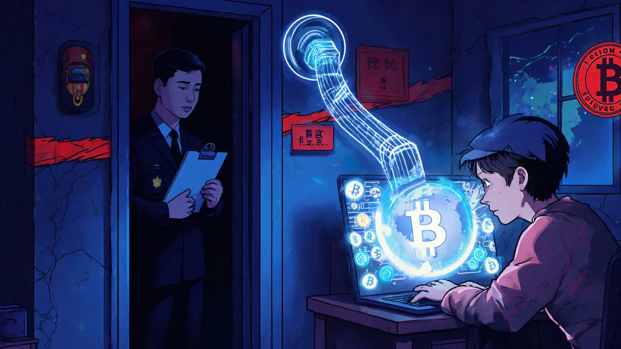 Young person using a laptop and VPN in a Chinese apartment while a government officer watches.