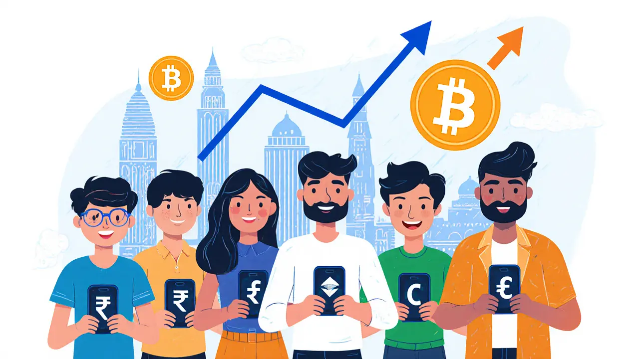 Youth traders in Pakistani cities holding phones showing BTC, ETH, and USDT with rupee decline.