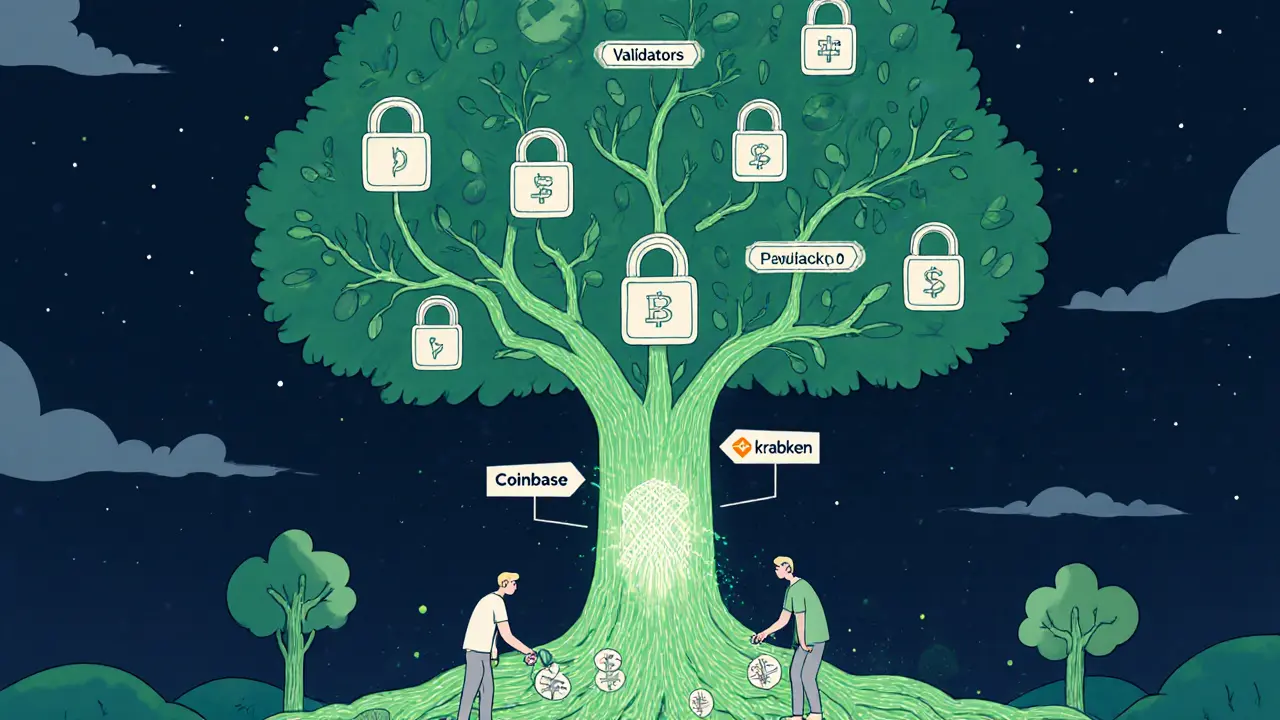 A blockchain tree with coin roots and validator branches, users depositing coins through platform icons.