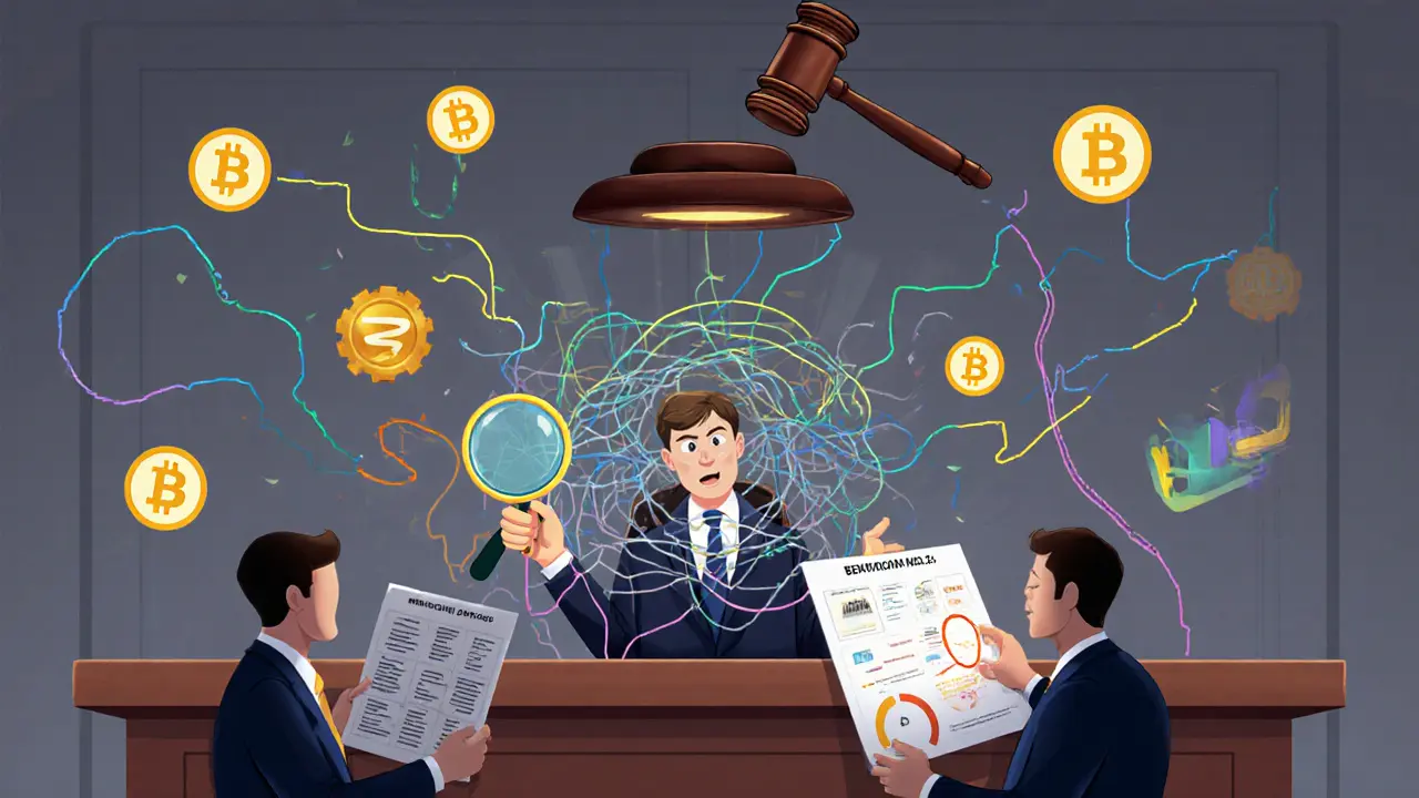 A courtroom scene with a judge examining invisible cross-chain money trails under a magnifying glass.