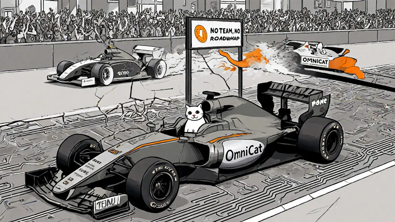 A Formula 1 car labeled OmniCat with a toy cat engine, while real crypto coins race past with cheering crowds.