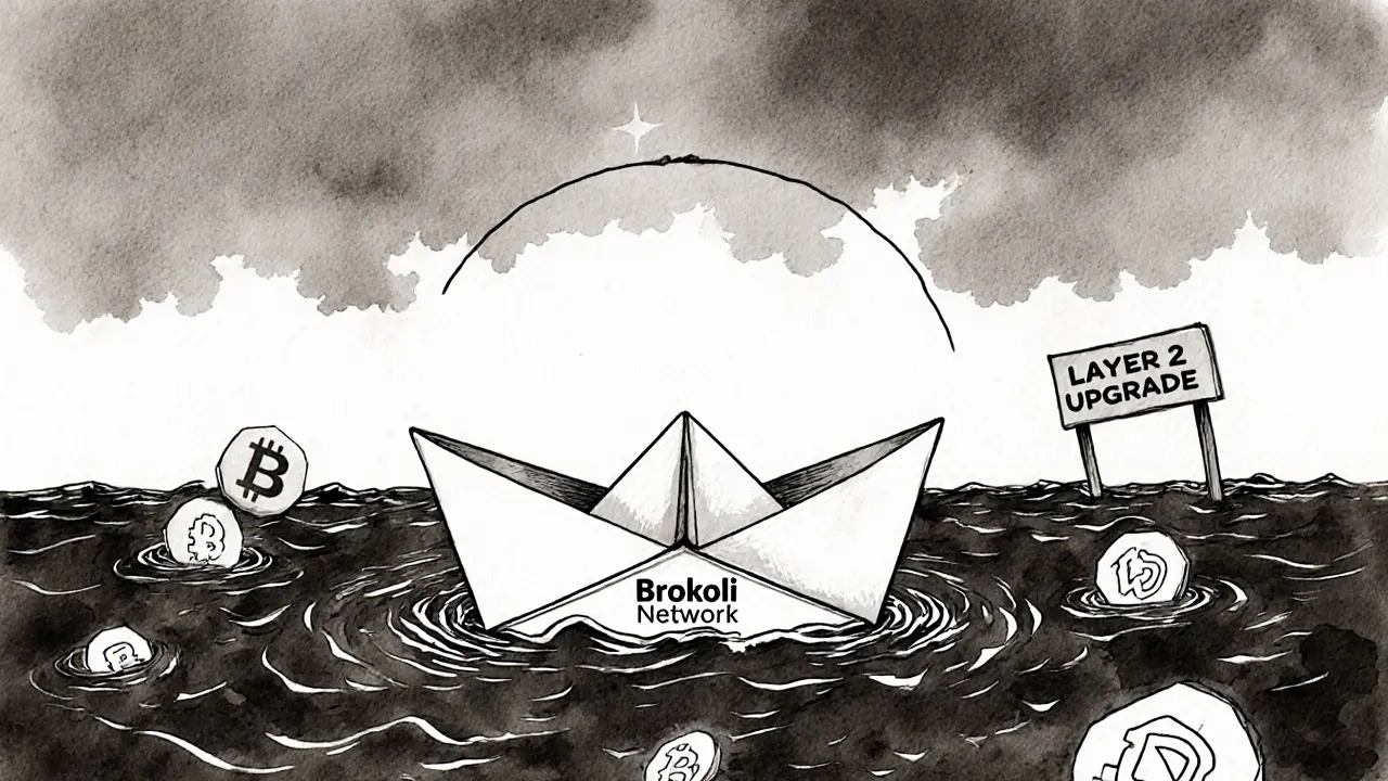 A fragile paper boat labeled 'Brokoli Network' floats on falling crypto charts, surrounded by DeFi and carbon credit icons.