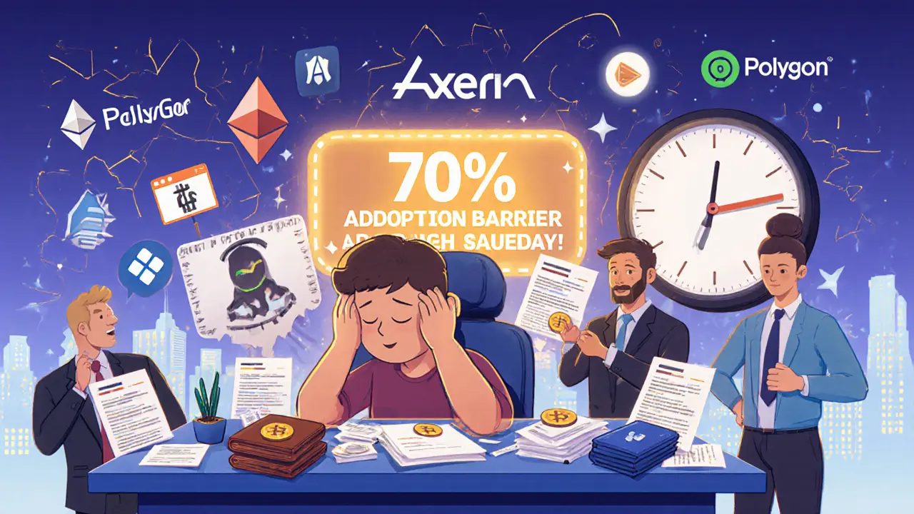 A frustrated user surrounded by failed transactions and gas fees while trying to move crypto between blockchains.