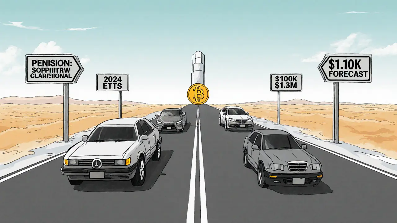 A futuristic financial highway leading to a giant Bitcoin monument with milestone signs marking key adoption dates.